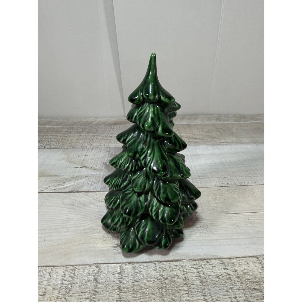 Ceramic Christmas Tree Figurine Dark Green Glazed Holiday Decor 5.5 Inch
